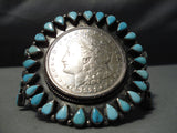 Striking Huge Vintage Native American Navajo Coin Sterling Silver Turquoise Bracelet Old-Nativo Arts