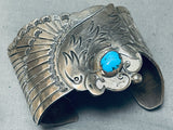 Extreme Detail Huge Vintage Native American Navajo Eagle Turquoise Sterling Silver Bracelet-Nativo Arts