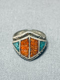 Intricate Authentic Vintage Native American Navajo Coral Turquoise Inlay Sterling Silver Ring-Nativo Arts