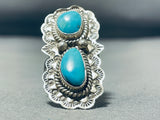 Captivating Vintage Native American Navajo 2 Blue Gem Turquoise Sterling Silver Huge Ring-Nativo Arts
