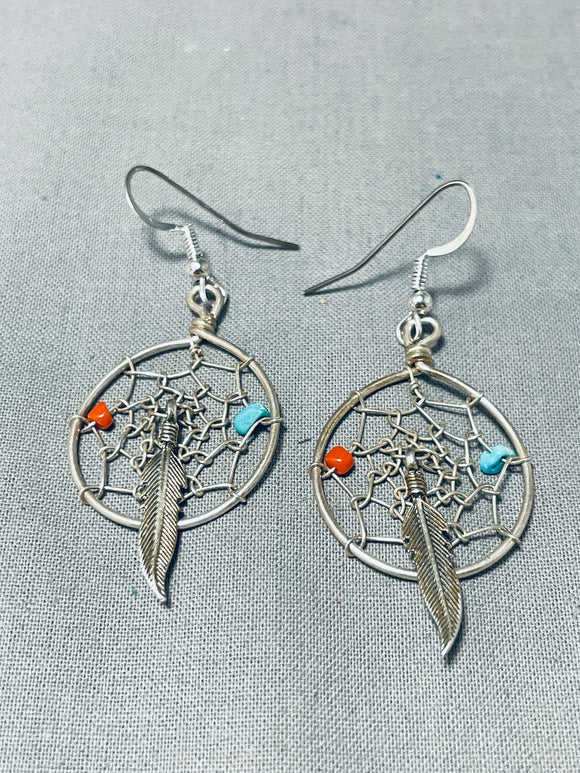 Exceptional Native American Navajo Turquoise & Coral Sterling Silver Dreamcatcher Earrings-Nativo Arts