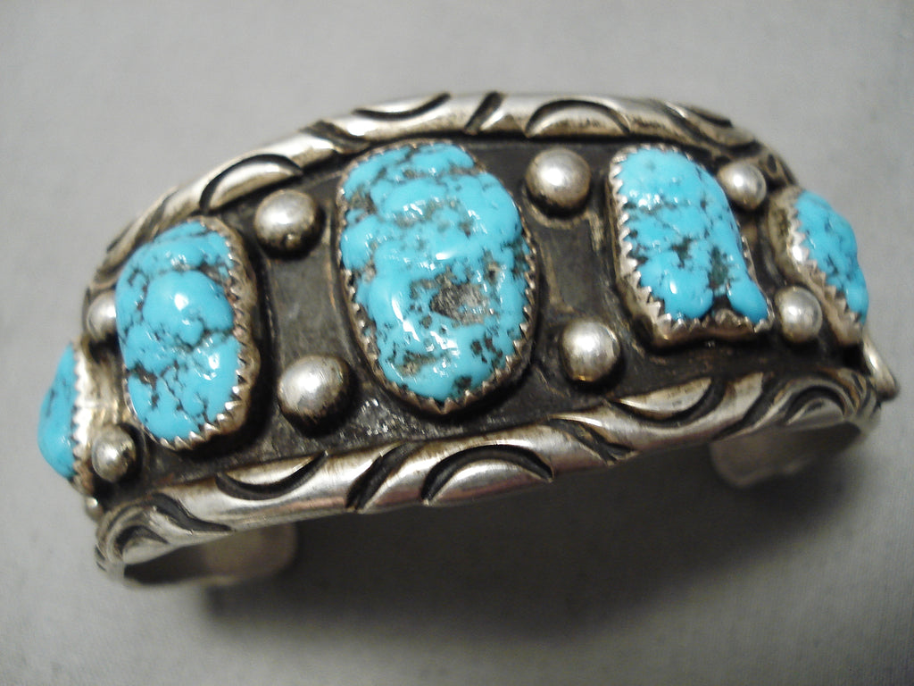 Wide Unique Wave Vintage Native American Navajo Turquoise Sterling