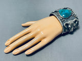 Magnificent San Felipe Signed Kingman Turquoise Sterling Silver Skulls Bracelet-Nativo Arts