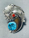 Huge Native American Navajo Turquoise Coral Bear Sterling Silver Ring-Nativo Arts