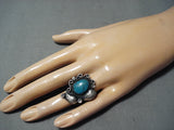 Exquisite Vintage Native American Navajo Pilot Mountain Turquoise Sterling Silver Ring Old-Nativo Arts