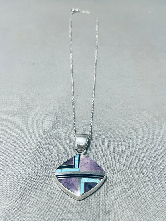 Signed Native American Navajo Turquoise Charoite Jet Sterling Silver Necklace-Nativo Arts