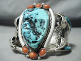 Very Rare Side Inlay Vintage Native American Navajo Turquoise Coral Sterling Silver Bracelet-Nativo Arts