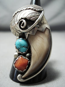 Vintage purchases navajo sterling men's silver turquoise coral bear ring