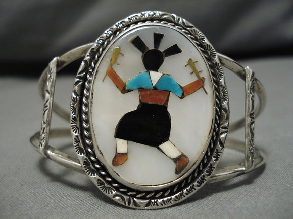 Vintage Native American Navajo Bracelet Sterling Silver Turquoise Coral Dancer Old-Nativo Arts