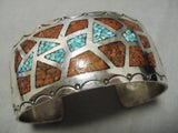 Remarkable Native American Navajo Coral Turquoise Inlay Sterling Silver Bracelet Old-Nativo Arts