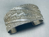 Extraordinary Native American Navajo Signed Huge Handcarved Textured Silver Cuff-Nativo Arts