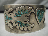 Incredible Vintage Native American Navajo Inlaid Turquoise Heart Sterling Silver Bracelet Cuff-Nativo Arts