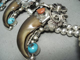 Authentic Bear Signed Native American Navajo Turquoise Sterling Silver Squash Blossom Necklace-Nativo Arts