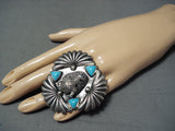 Incredible Native American Navajo Sleeping Beauty Turquoise Sterling Silver Buffalo Ring-Nativo Arts