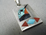 Incredible Detailed Native American Zuni Turquoise Coral Sterling Silver Bird Pendant-Nativo Arts