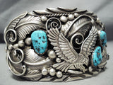For Large Wrist- Biggest Vintage Native American Navajo Turquoise Eagle Sterling Silver Bracelet-Nativo Arts