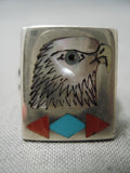 Exceptional Zuni Native American Turquoise Bird Coral Sterling Silver Ring-Nativo Arts