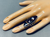 Dramatic Native American Navajo Jet Stone Sterling Silver Inlay Ring Signed-Nativo Arts