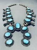 Ice Blue Turquoise Vintage Native American Navajo Sterling Silver Squash Blossom Necklace-Nativo Arts