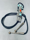 Native American Colossal Kachina Vintage Navajo Turquoise Coral Sterling Silver Bolo Tie-Nativo Arts