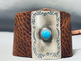 Remarkable Native American Navajo Blue Gem Turquoise Sterling Silver Brown Leather Bowguard-Nativo Arts
