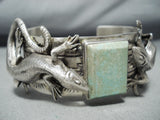 Signed Double Lizard Vintage Native American Navajo Green Turquoise Sterling Silver Bracelet-Nativo Arts