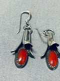 Fabulous Native American Navajo Coral Sterling Silver Blossom Dangle Earrings-Nativo Arts