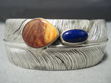 So Detailed Native American Navajo Lapis Sterling Silver Feather Bracelet Cuff-Nativo Arts
