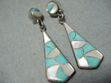 Intricate Women's Vintage Native American Zuni Turquoise Sterling Silver Earrings-Nativo Arts