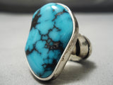 Striking Vintage Native American Navajo Intense Godber Turquoise Sterling Silver Ring Old-Nativo Arts