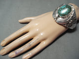 Detailed Huge Vintage Native American Navajo Green Turquoise Sterling Silver Leaf Bracelet-Nativo Arts