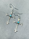 Precious Native American Navajo Sleeping Beauty Turquoise Sterling Silver Cross Earrings-Nativo Arts