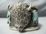 Heavy Detailed Native American Buffalo Turquoise Sterling Silver Bracelet-Nativo Arts
