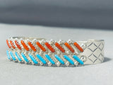 Brilliant Native American Navajo Turquoise And Coral Diagonals Sterling Silver Bracelet-Nativo Arts