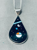 Celestial Native American Navajo Signed Inlay Jet Turquoise Cosmic Sterling Silver Necklace-Nativo Arts
