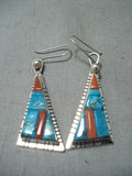 Astonishing Native American Navajo Creek Turquoise Coral Sterling Silver Earrings-Nativo Arts