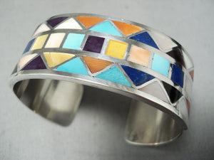 One Of The Best Triangular Turquoise Inlay Vintage Native American Zuni Sterling Silver Bracelet-Nativo Arts
