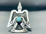 Important Vintage Native American Navajo Old Kingman Turquoise Sterling Silver Waterbird Ring-Nativo Arts