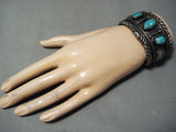 Heavy Deep Silver Work Vintage Native American Navajo Turquoise Bracelet Old-Nativo Arts