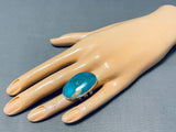 Awesome Native American Navajo Signed Blue Gem Turquoise Sterling Silver Colossal Ring-Nativo Arts