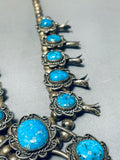 Blue Thunder Turquoise Vintage Native American Navajo Sterling Silver Squash Blossom Necklace-Nativo Arts