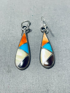 Eye Catching Vintage Native American Navajo Inlay Turquoise Red Abalone Sterling Silver Earrings-Nativo Arts