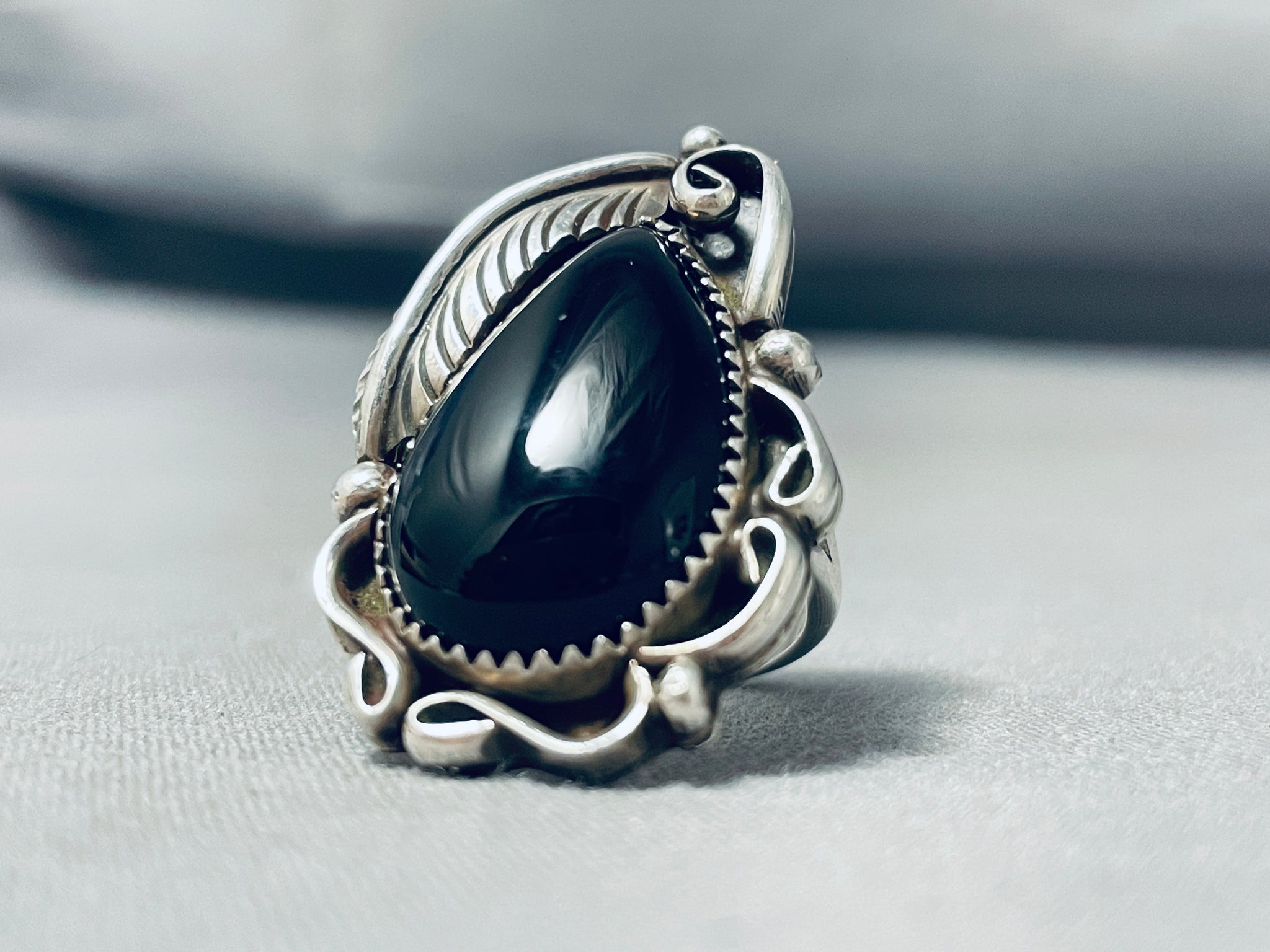 Astounding Native American Navajo Black Onyx Sterling Silver Ring Sign ...