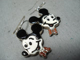 Fabulous Native American Zuni Inlay Coral Jet Sterling Silver Mickey Mouse Earrings-Nativo Arts