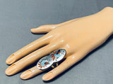 Extreme Intricacy Native American Zuni Turquoise Coral Sterling Silver Bird Ring-Nativo Arts