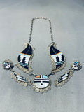 Intricately Hand Carved Vintage Native American Zuni Turquoise Sterling Silver Inlay Necklace-Nativo Arts