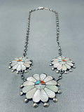 Beautiful Vintage Native American Zuni Inlay Mother Of Pearl 3 Sunfaces Sterling Silver Necklace-Nativo Arts