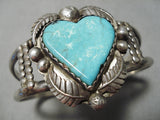 Very Rare!! Vintage Native American Navajo Hand Carved Heart Turquoise Sterling Silver Bracelet-Nativo Arts