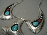 Stunning Clair Sanchez Vintage Native American Navajo Turquoise Coral Sterling Silver Necklace-Nativo Arts