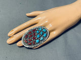 One Of A Kind Native American Navajo Cerrillos Turquoise Coral Sterling Silver Colossal Ring-Nativo Arts